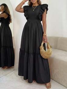 Vestido casual corto de mujer de unicolor elegante para vacaciones, con mangas cortas, fruncido y parches, primavera/verano, negro - Negro - Ver 1