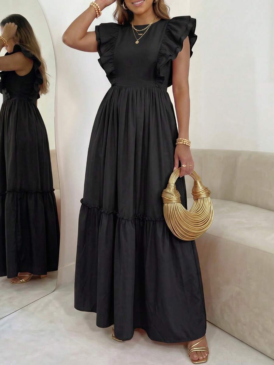 Vestido casual corto de mujer de unicolor elegante para vacaciones, con mangas cortas, fruncido y parches, primavera/verano, negro - Negro - Ver 1