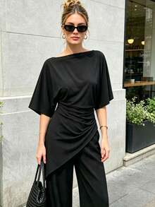 Asymmetric Tops For Women Ruched Black Short Sleeve Top Summer Ruffle Tops For Women Chic Casual Streetwear Tank Top - Black - View 1