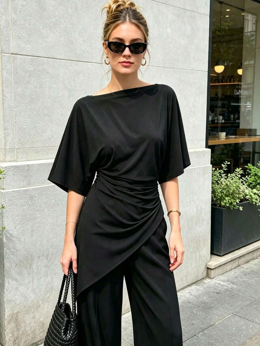 Asymmetric Tops For Women Ruched Black Short Sleeve Top Summer Ruffle Tops For Women Chic Casual Streetwear Tank Top - Black - View 1