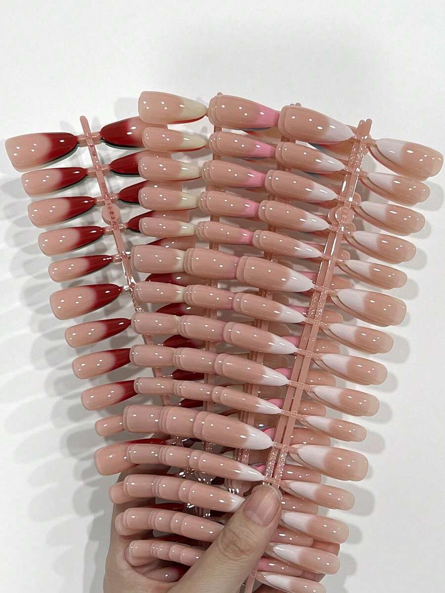 360pcs (12 Styles Mixed) Long Almond Shape Cream White Gradient Design Press-On Nails, Acrylic False Nails Set. Gradient French Nails. - Multicolor - View 1