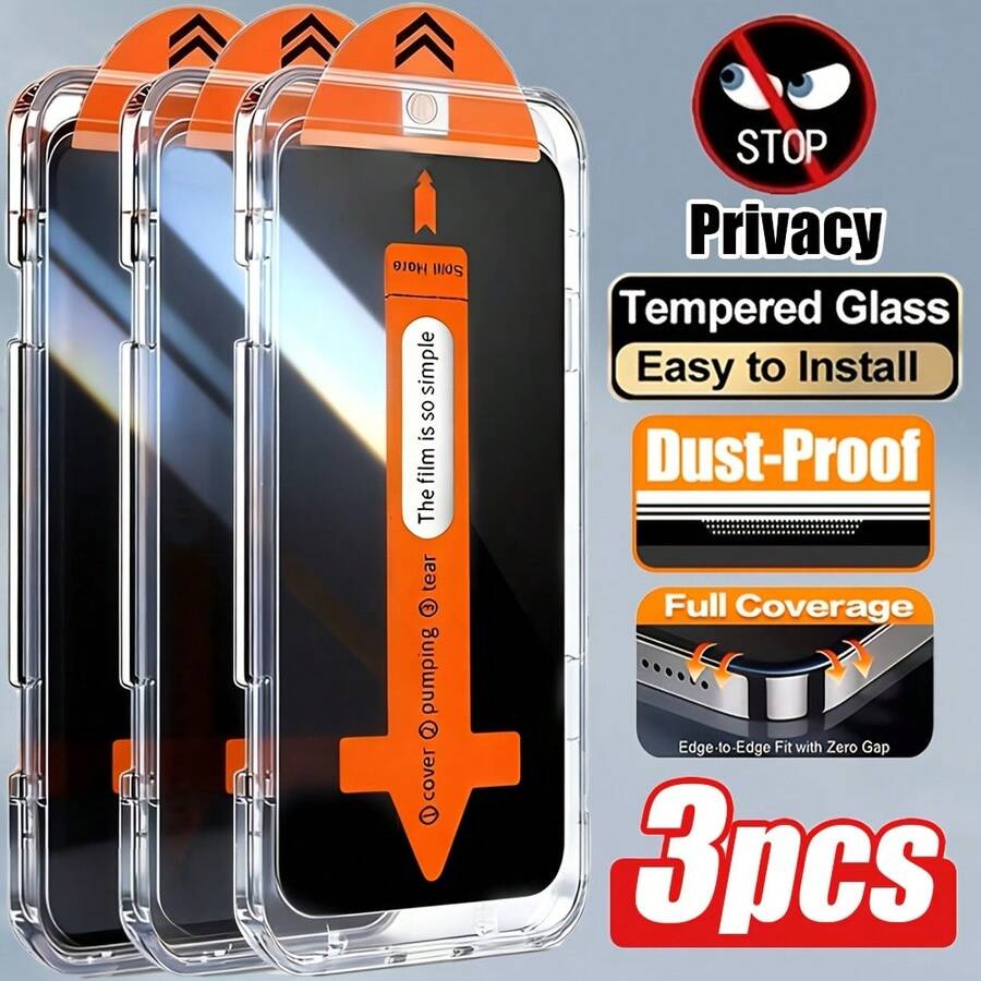BOLLYMORE 3pcs Privacy Tempered Glass Screen Protector Compatible With IPhone 17 Pro Max/17 Air/17/15 Pro Max/16 Pro Max/16/16e/15/14/13/13 Pro/12/11, Anti-Peeping, Anti-Spy, Easy Installation, Comes With Auto-Cleaning Tool, One-Click Attachment, Anti-Scratch, Smooth Surface, Privacy Protection, Dust-Proof, Phone Screen Protector, Halloween Gift, Birthday Gift, Phone Accessories