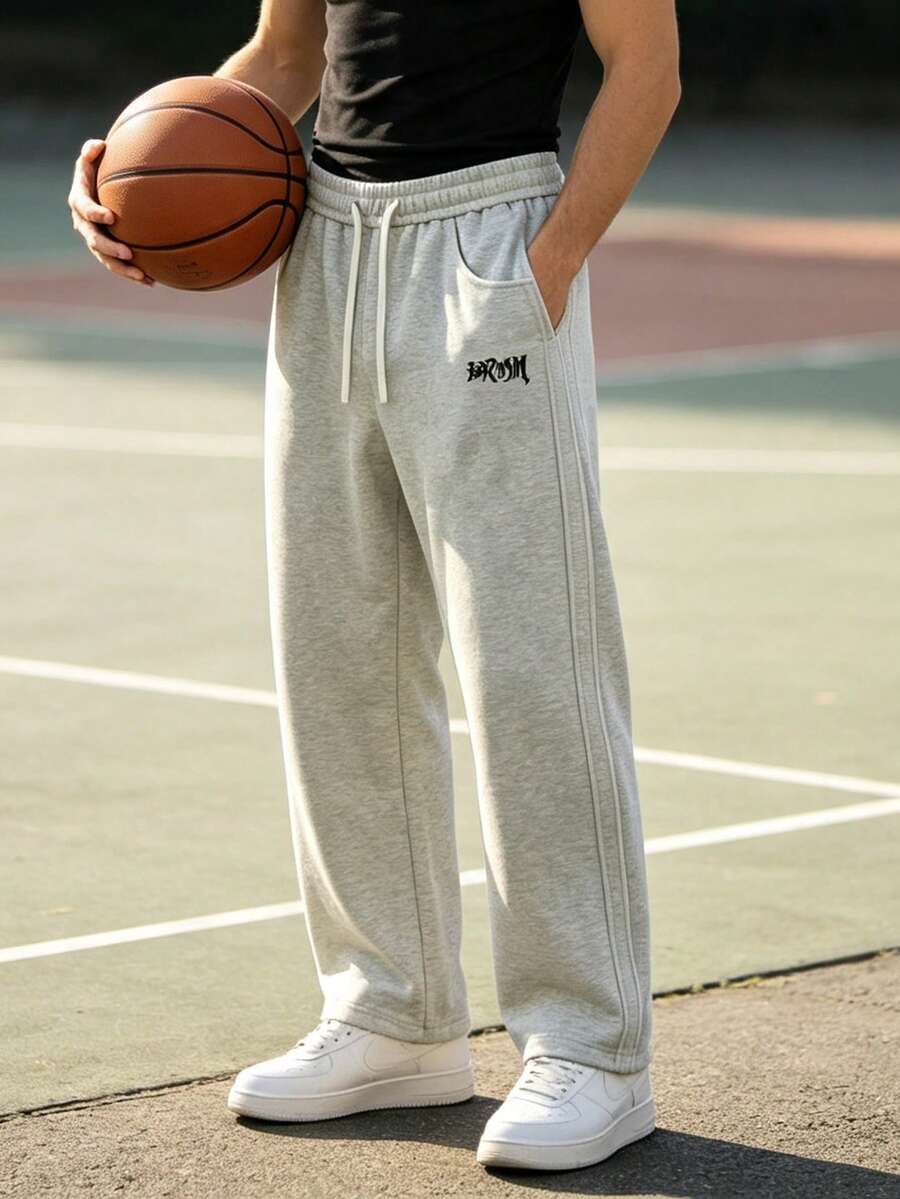 American Style Side Stripe Straight Leg Sweatpants For Men, Vintage Embroidered Loose Casual Sports Long Pants - Light Grey - View 1
