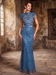 GIFORU Women's Elegant Heavy Beaded & Sequined Mermaid Evening Gown, Formal Evening Dress Fall Wedding Party - Dusty Blue - View 2