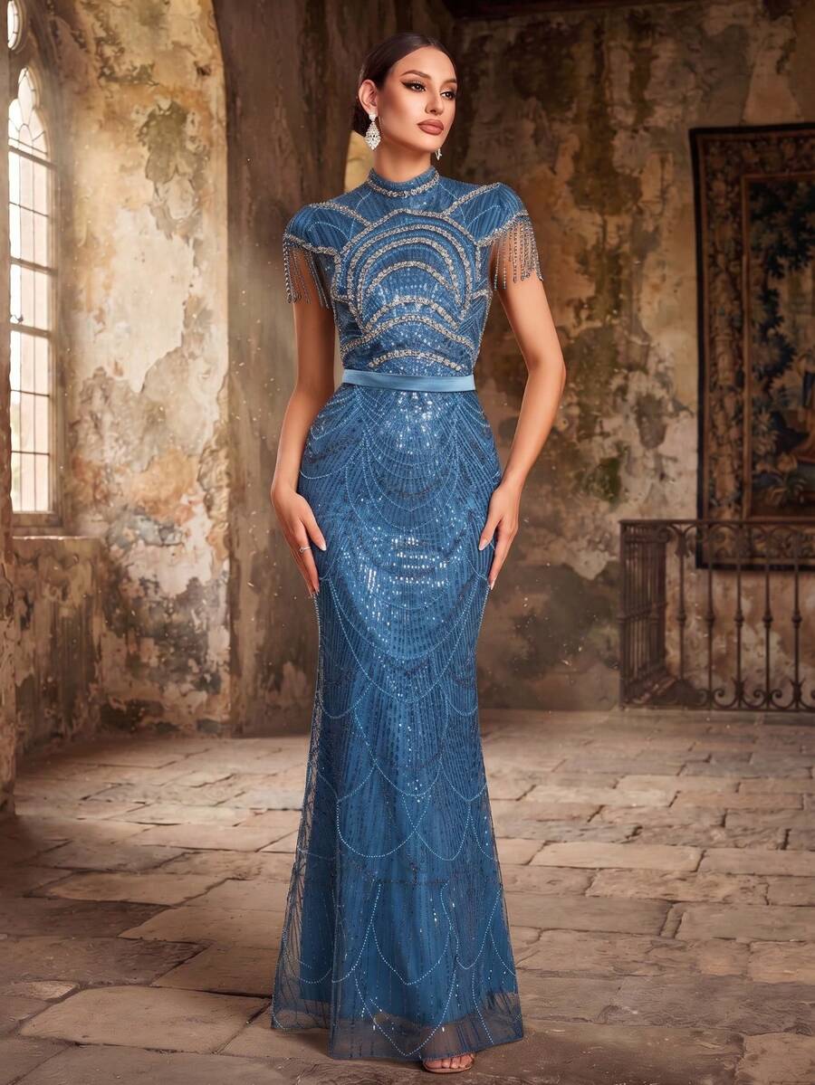 GIFORU Women's Elegant Heavy Beaded & Sequined Mermaid Evening Gown, Formal Evening Dress Fall Wedding Party