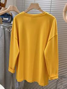 Kaos Lengan Panjang Minimalis Warna Polos untuk Wanita, Belahan Samping, Atasan Longgar yang Melangsingkan, Cocok untuk Awal Musim Gugur, Lapisan Dasar Kasual. - Kuning - View 4