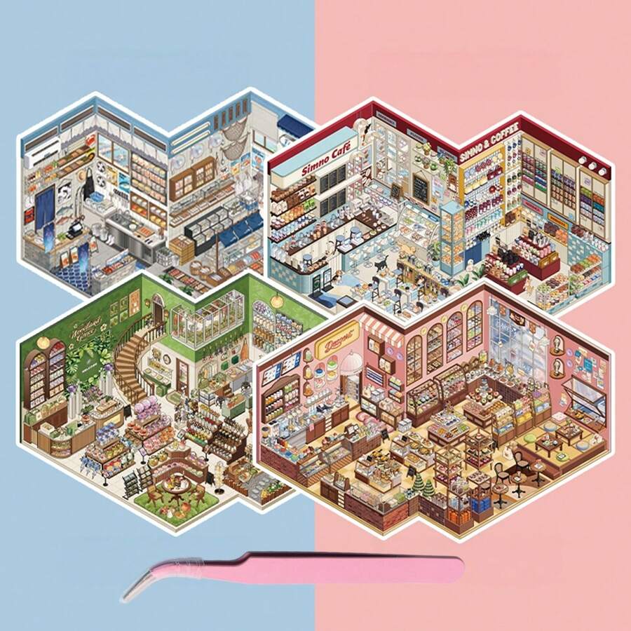 Xinmo New 6.0 3D Miniature Scene Stickers: DIY Assemble Miniature Shop & House, PET No-Cut Adult Handmade Creative Collage Decorative Stickers