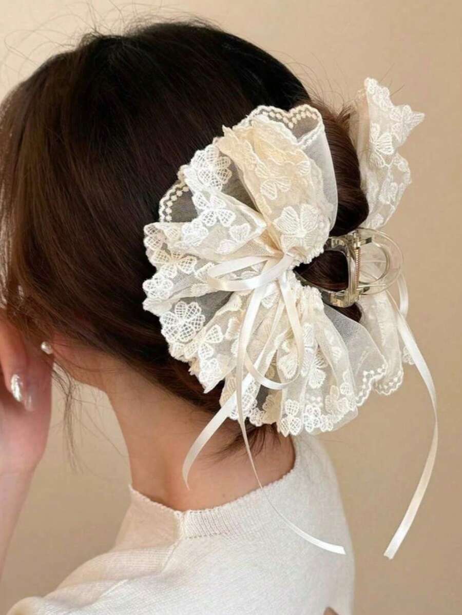 1件高級蕾絲刺繡馬尾髮夾，仙氣網紗蝴蝶結緞帶髮飾，夏季優雅半紮髮配件，百搭仙女風，適合日常通勤、約會、海邊度假 - 米色 - 查看 1