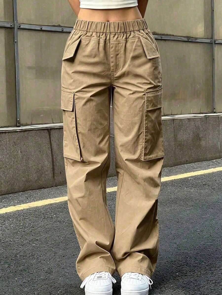 1件女孩青少年時尚個性化直筒工裝褲,附口袋,春夏秋冬四季長褲 - 卡其色 - 查看 1