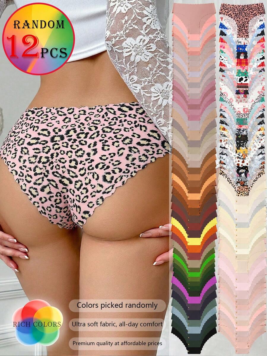 SQPVEH 12pcs Random Color Women's Triangle Panties, Solid & Multi-Color Print, Wavy Edge, Comfortable Skin-Friendly Fabric, Seamless Underwear - Multicolor - View 1