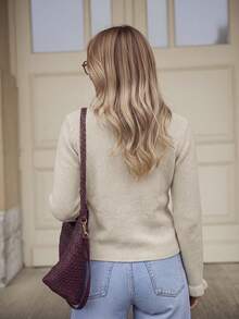 OxyCloset Women's Sweater-An Apricot-Colored Wool Top Featuring Ruffle Details, Perfect For The Autumn / Winter Seasons. Simple, Elegant, Versatile. - Apricot - View 8