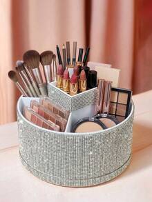 1pc Rhinestone 360° Rotating Storage Box, Large Capacity, Surface Inlaid With Colorful Rhinestones, Luxury Sparkling Style, Full Rhinestone Pattern, Hexagonal Column Shape, Neat Edge Details, Makeup Tool Container, Suitable For Bedroom Vanity, Makeup Room Desktop And Other Scenes - Multicolor - View 5