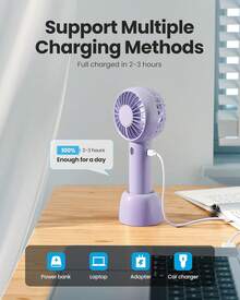 Ventilador Portátil Mini Gaiatop, Pequeño y Potente, Diseño Bonito, 3 Velocidades, Ventilador de Mano y de Escritorio con Base, Ligero, Recargable por USB para Viajes, Maquillaje de Pestañas, Regalo de Verano para Mujeres y Niñas, Color Morado - A - Ver 2