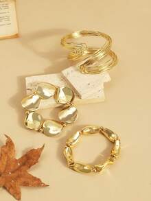 1 Set Geometric Twisted Line Asymmetrical Open Cuff Bracelet & Bracelet Combination Set - Gold - View 4
