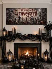 1件裝 Welcome To The Graveyard 萬聖節橫幅，恐怖風聚酯纖維長方形壁掛裝飾牌，印有殭屍手、南瓜與墓碑圖案，適用門廊、居家、鬼屋派對裝飾 - 多色 - 查看 10