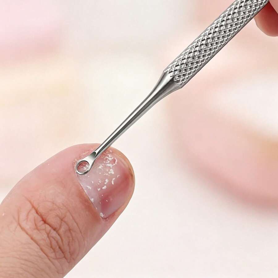 1pc Double-Ended Long Nail Cuticle Pusher, Shiny Silver Round Steel Pusher, Ring-Shaped Exfoliating Steel Scraper, Diamond Anti-Slip Handle For Stable Grip, Ring-Shaped End For Cleaning Nail Surface And Slanted Edge For Pushing Up Cuticle Dead Skin, Suitable For Home Nail DIY, Salon Hand Care, Short Video Nail Styling, Daily Makeup Matching - Multicolor - View 1