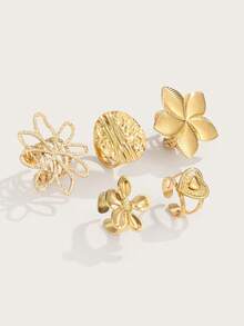 Altistry Set 5 buah cincin stainless steel modis, unik, dan kreatif berbentuk bulat, bunga, dan hati berwarna emas, cocok untuk pemakaian sehari-hari wanita. - Yellow Gold - View 1