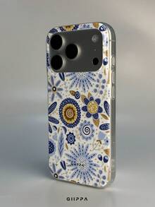 GIIPPA 1pc Blue & Gold Hand-Painted Folk Floral Pattern Design, Phone 17 Pro Max Phone Case, Compatible With Phone 16 Pro Max, 15 Pro Max, 14 Pro Max, Korean-Style High-End Fashion & Fun Phone Case, Suitable For 11/12/13/14/15/16 Pro Max Plus, Elegant Design For Men & Women, Perfect Gift For Girlfriend On Christmas, Valentine's Day, Easter, Wedding Season And Birthday! - Multicolor - View 3