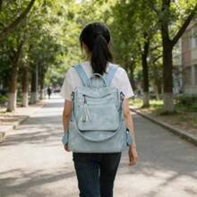 Zaino retrò in PU con dettagli a nappa, ampio spazio di stoccaggio e design traspirante, tasca con cerniera per studenti, professionisti e viaggiatori - blu - Visualizzare 3