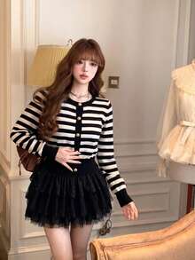 Women's Slim Fit Short Knit Cardigan Top, Striped Sweater, Casual Versatile Jacket For Autumn/Winter Fall - Black and White Stripes - View 4