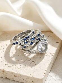 4pcs Chic Bridal Ring Set Women Round Blue Zirconia Engagement Ring Stackable Wedding Silver Color Stacking Ring Wedding Party Jewelry Accessories Gift - Set - View 5