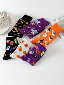 3/6 Pairs Halloween Socks, Cute Cartoon Ghost Pumpkin Mid-Calf Socks, European And American Ins Socks, Couple Casual Versatile Socks, Gift Socks - Multicolor - View 7