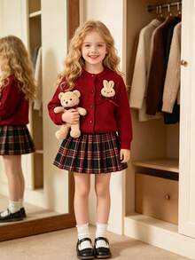 2pcs/Set Baby Girls Sweet Academic Style Elegant Lady Gentle Casual Outdoor Simple Comfortable Solid Color Knit Top With 3D Cartoon Rabbit Bow Decor, Long Sleeve Crew Neck Sweater And Plaid Pleated Mini Skirt, Suitable For Spring, Autumn, Winter - Burgundy - View 5