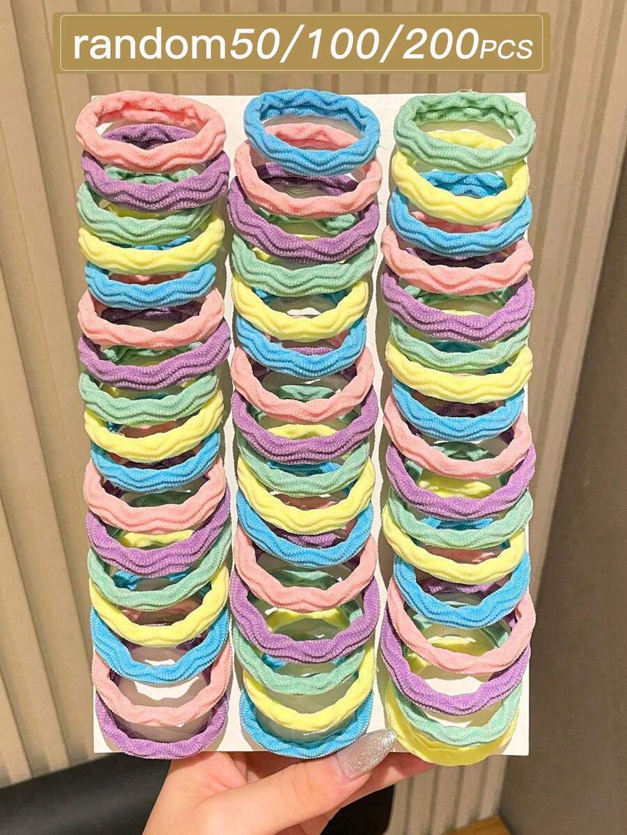 50/100/200 piezas aleatorias de ligas para el cabello de mujer de alta elasticidad, minimalistas y versátiles, de colores sólidos con textura, adecuadas para deportes, uso casual y en el hogar, cuerdas para el cabello duraderas y sin costuras, accesorios para el cabello de uso diario y combinables para mujer - Multicolor - Ver 1