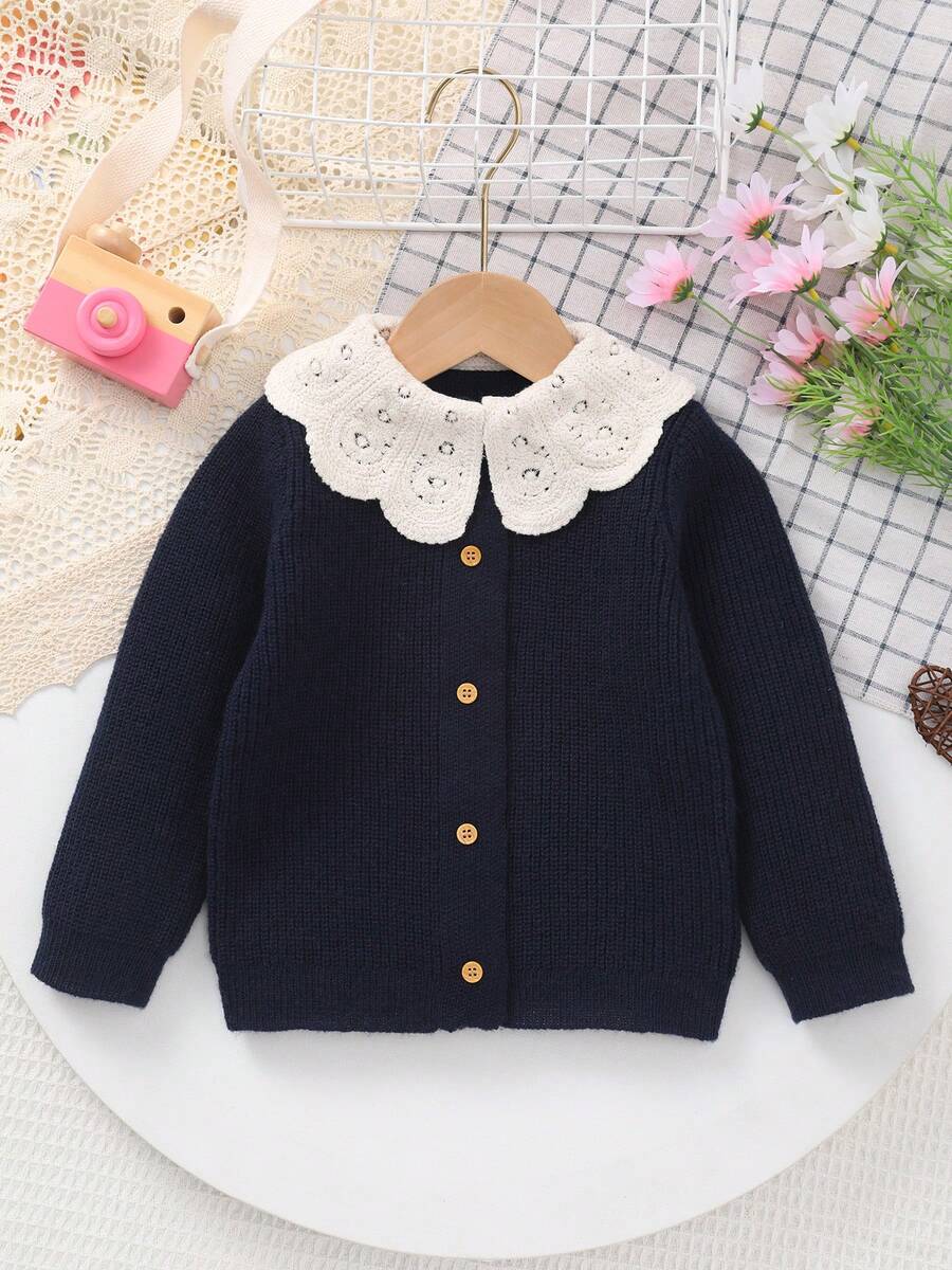 Baby Girl Vintage Korean Style Lace Trim Peter Pan Collar Knitted Cardigan Jacket - Royal Blue - View 1