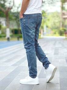 Jeans azules de mezclilla clásicos con estiramiento de grosor medio para hombres - Azul lavado medio - Ver 4