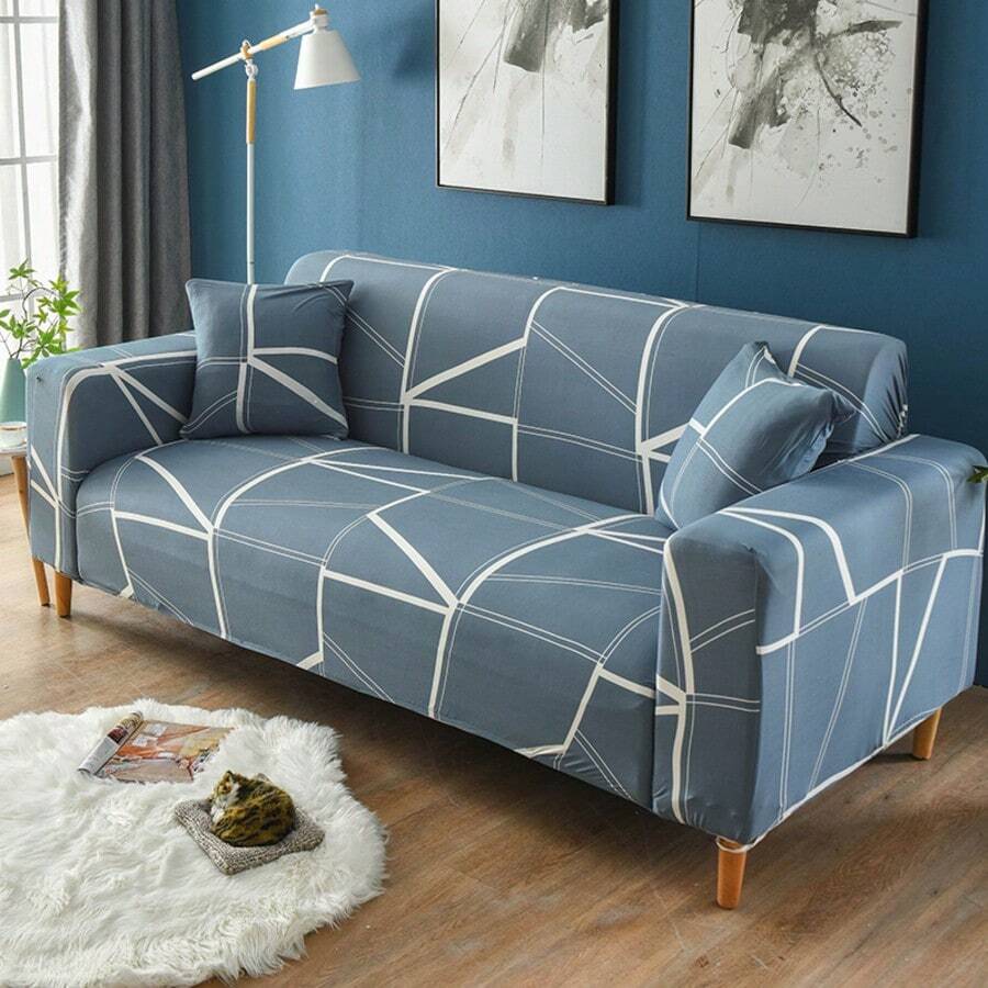 1pc Geometric Print Elastic Full Cover Sofa Slipcover, Modern Style Polyester Fabric, Sofa Home Protection Cover, Machine Washable, All Season - Navy Blue - View 1