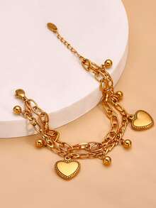 Vintage Double Layer Heart Pendant Gold Bracelet, Chunky Chain With Heart Charm And Small Gold Bead Pendant, European And American Retro Style Women's Accessory, Adjustable Chain Length, Layered Design, Suitable For Daily Wear And Party, Niche Design, Support Layering, Popular Heart Jewelry, Perfect For Gifting Or Personal Use - Heart Pendant Bracelet - View 7
