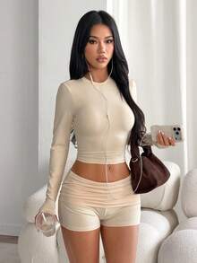 Solid Crew Neck Long Sleeve Crop Top & Fold Over Ruched Low Waist Shorts Two Pieces Set, Casual Streetwear Vacation Daily Lounge Outfit Elegant - Apricot - View 2