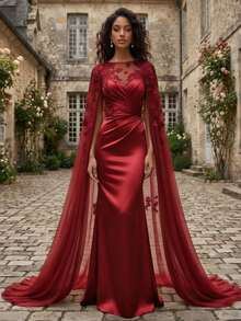 Elegant Champagne Satin Mermaid Halter Neckline Sleeveless Lace Applique Transparent Maxi Dress For Wedding Formal Evening Party - Red - View 1