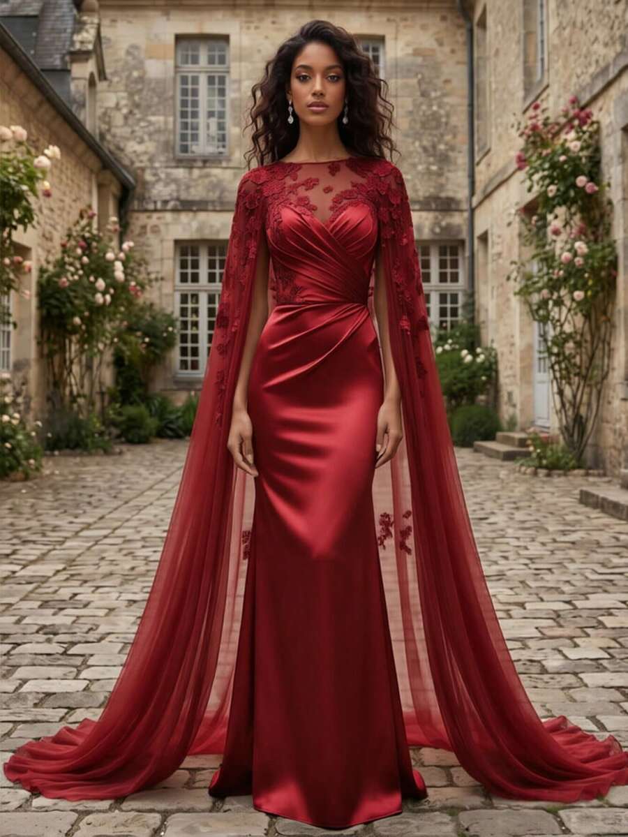 Elegant Champagne Satin Mermaid Halter Neckline Sleeveless Lace Applique Transparent Maxi Dress For Wedding Formal Evening Party - Red - View 1