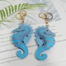 Blue Summer Popular PU Leather Marine Life Seahorse Keychain Handbag Backpack Car Clothing Decoration Pendant Friend Birthday Gift - A - View 4