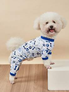 PETSIN 1pc Cute Cartoon Dog Pajamas, Soft Printed Pet Pajamas, Anti-Shedding Medium Elasticity Pajamas, Suitable For Small And Medium Dogs - Blue - View 3