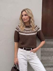 Nicenter Women's Fall Clothes Wool Blend Fair Isle Pattern Knit Crew Neck Half Sleeve Regular Pullover Sweater Women Daily Casual Outfit - Coffee Brown - View 3