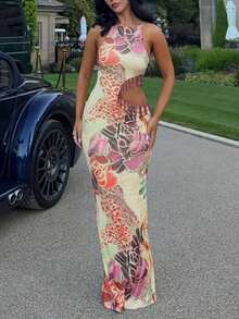 DOUCIU Chic Sleeveless Bodycon Long Dress With Side Cut-Outs, Floral Print, Sexy Elegant Dress - Multicolor - View 1