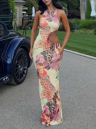 DOUCIU Chic Sleeveless Bodycon Long Dress With Side Cut-Outs, Floral Print, Sexy Elegant Dress