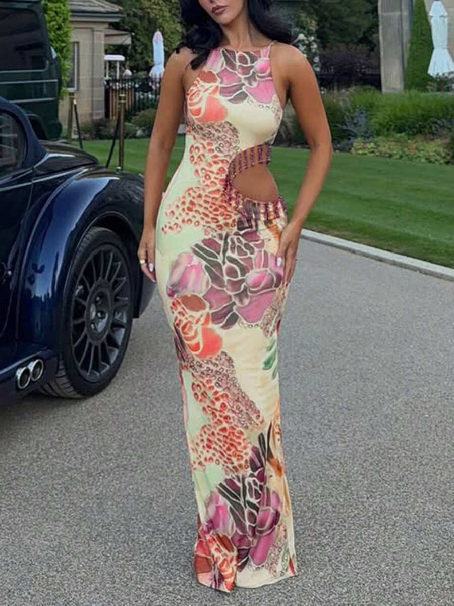 DOUCIU Chic Sleeveless Bodycon Long Dress With Side Cut-Outs, Floral Print, Sexy Elegant Dress - Multicolor - View 1