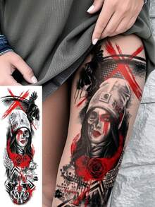 1 Pc Full Arm Temporary Tattoo Sleeve, Black & Grey Gothic Skull Warrior Ship Design, Steampunk Mechanical Style Fake Tattoo Sticker, Realistic Body Art, Waterproof Long Lasting Tattoo Transfer For Men - Black - View 13