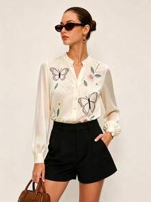 Elegant Elegant Vacation Slimming Design Floral & Butterfly Print Long Sleeve Spring Summer Autumn Blouse New Women's Daily & Holiday Casual Wear - Multicolor - View 1