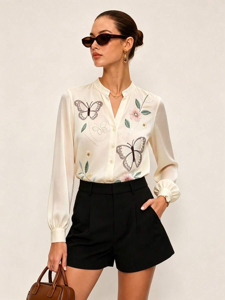 Elegant Elegant Vacation Slimming Design Floral & Butterfly Print Long Sleeve Spring Summer Autumn Blouse New Women's Daily & Holiday Casual Wear - Multicolor - View 1