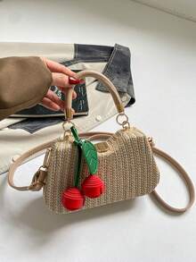Dedoo 女款手提斜挎包，條紋編織圖案，櫻桃吊飾金屬鎖扣，可拆卸肩帶，甜美度假風，夏季海灘派對手提包 - 卡其色 - 查看 7