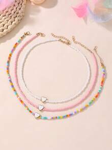 NAIZHU 3pcs/Set Heart-Shaped Seed Bead Necklace Set, Daily Holiday Party Accessories, Girls Gift, Random Color - Multicolor - View 6