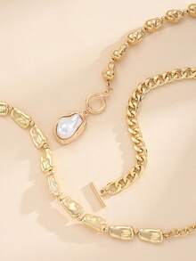 2 pièces Ensemble de colliers empilés multi-couches style minimaliste exagéré Old Money avec pendentif en fausses perles asymétriques et fermoir OT doré pour femmes, convient pour les vacances, les rendez-vous, les fêtes, les bals, les banquets, les fêtes, les cadeaux d'anniversaire, le port quotidien - Or jaune - Voir 6