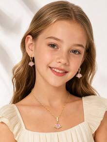 3pcs Set Copper With Zirconia Pink Heart Planet Pendant Necklace Hoop Earrings Jewelry Cute Elegant For Girls Party Birthday Wedding Daily Gift Wear - Gold - View 1