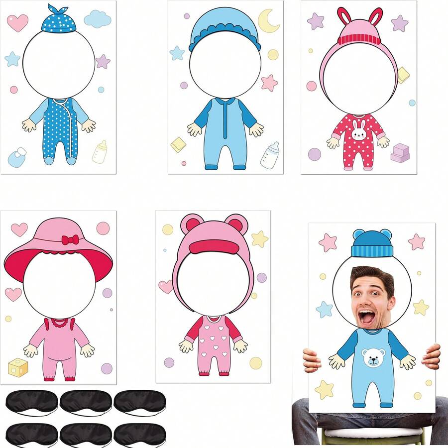 6 Sets Blindfolded Baby Feeding Photo Poster, Cute Infant Feeding Activity, Fun Face Cutout Backdrop Gender Reveal, First Birthday Party Decorations - Assorted Colors - View 1