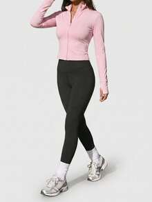 Slim Fit Zipper Yoga Long Sleeve Top Pink - Pink - View 5